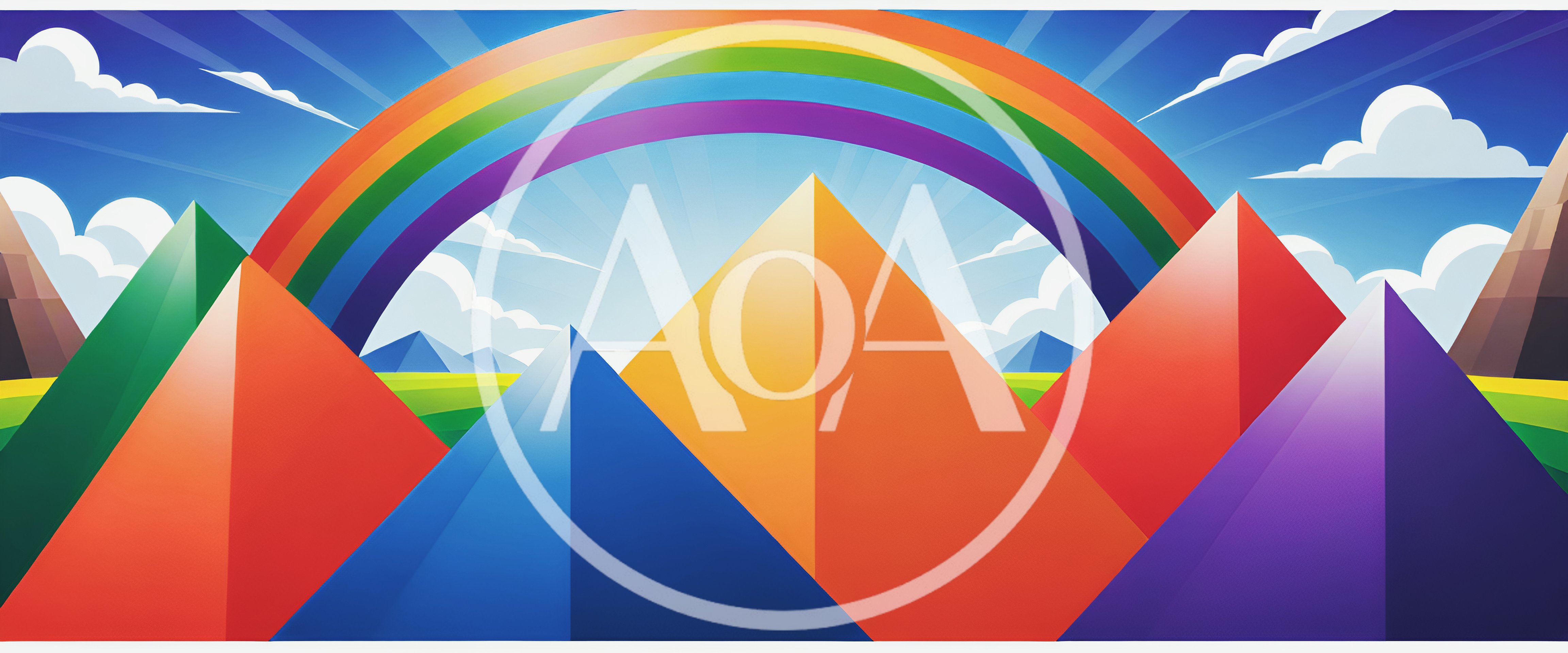 Abstract Colorful Pyramid Mountains Under A Rainbow