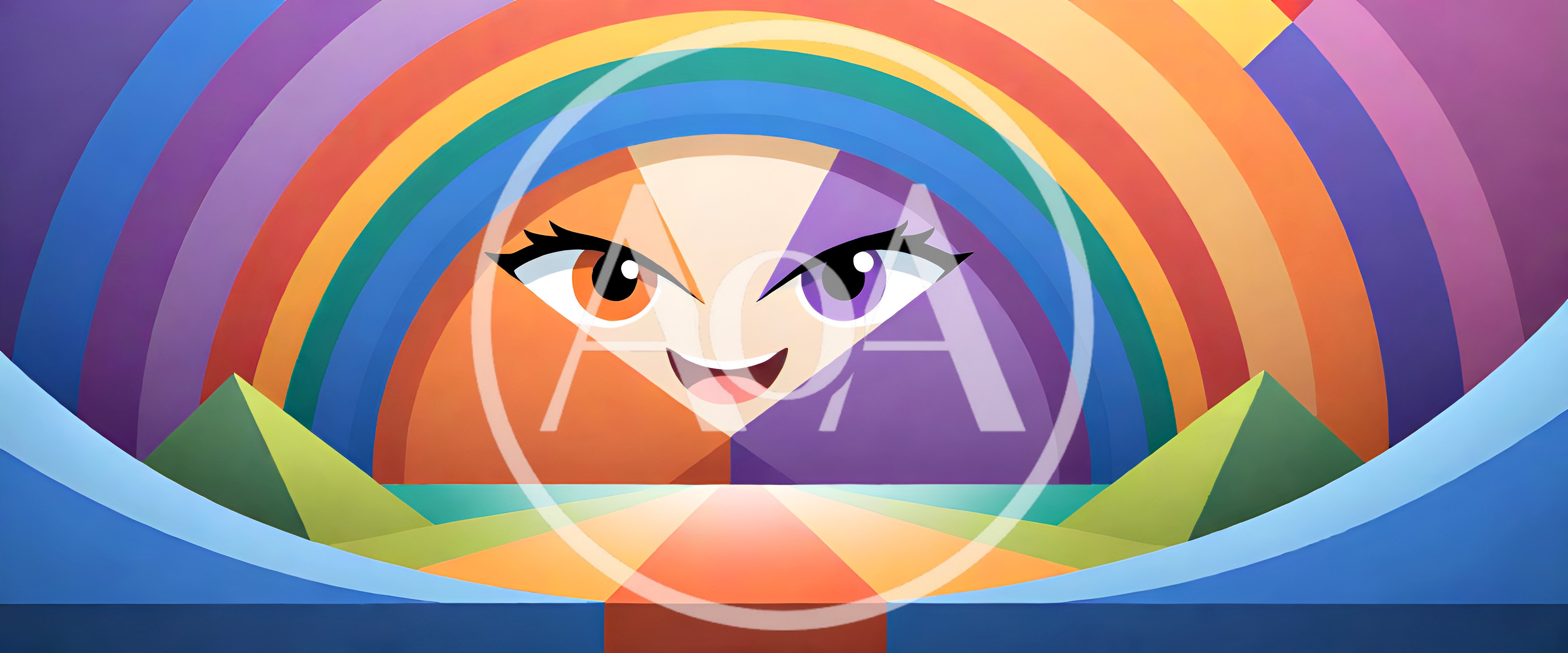 Abstract Cartoon Face With Rainbow Arcs Background