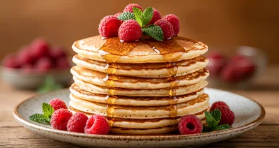 Stack of Fluffy Pancakes with Raspberries and Syrup