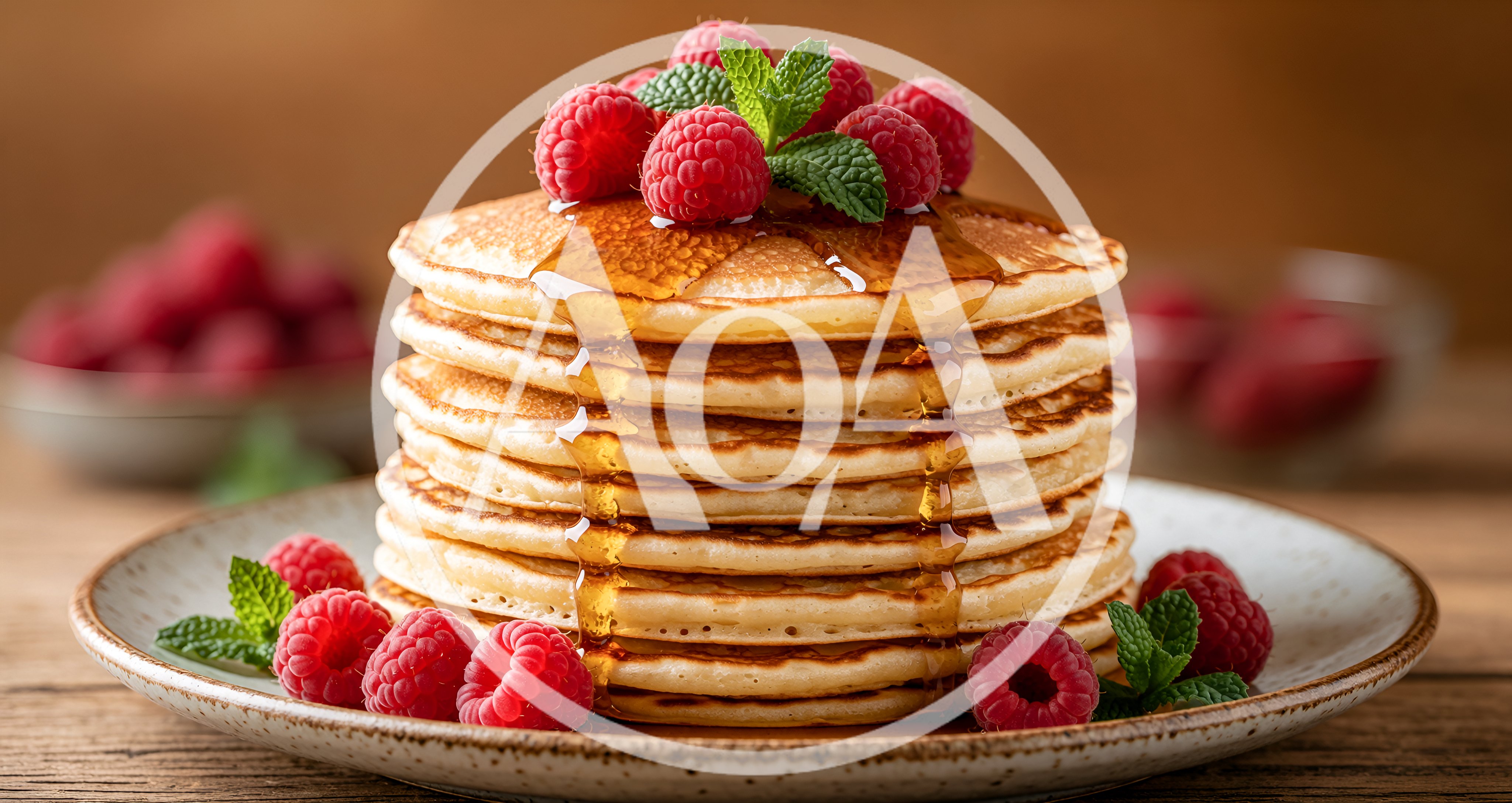 Stack of Fluffy Pancakes with Raspberries and Syrup