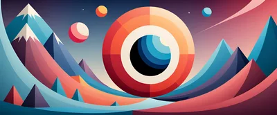 Abstract Geometric Landscape With Floating Planets