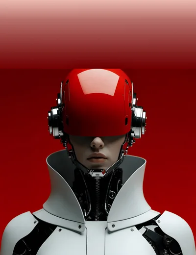 Futuristic Cyborg Portrait With Red Helmet And White Armor