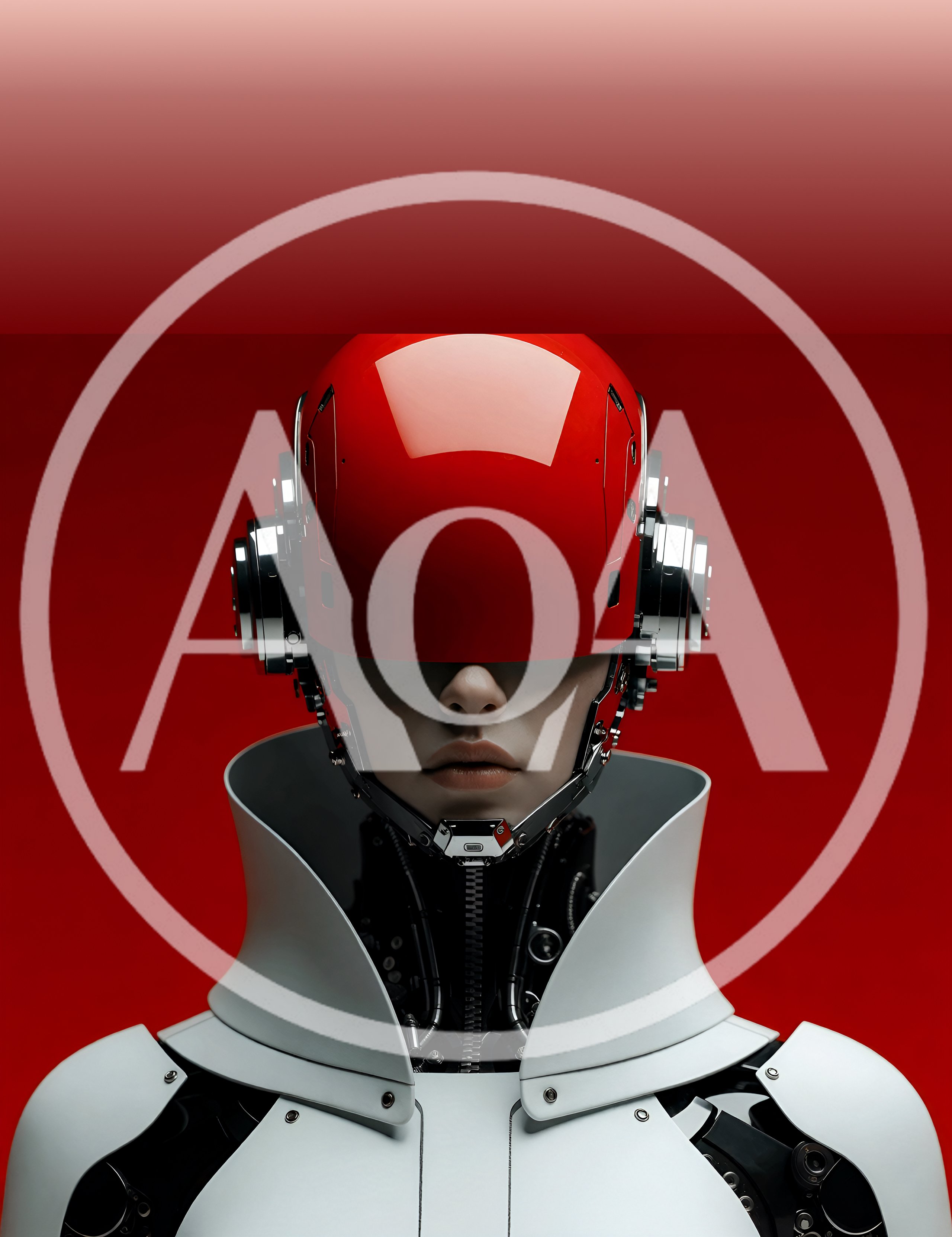 Futuristic Cyborg Portrait With Red Helmet And White Armor