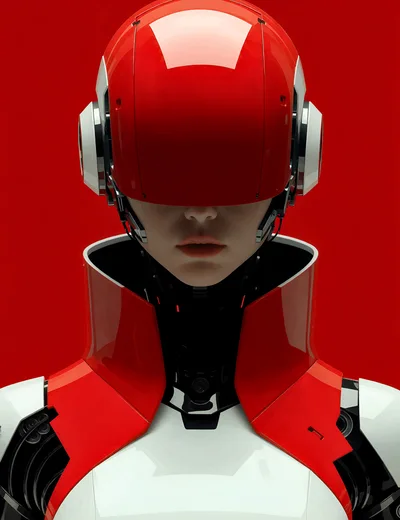 Futuristic Android Portrait With Red Helmet And Armor