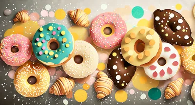 Assorted Glazed Donuts and Croissants on Festive Background