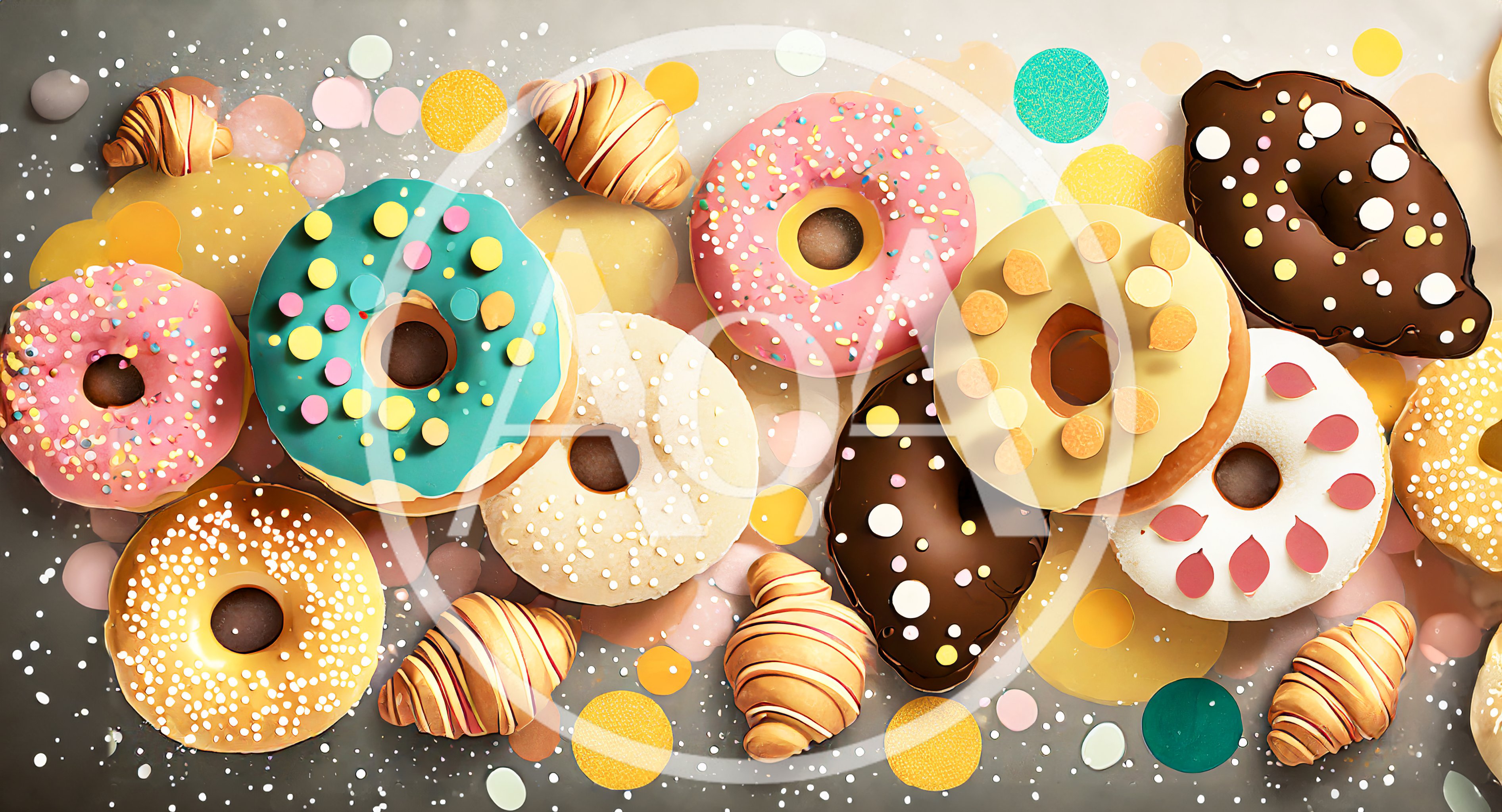 Assorted Glazed Donuts and Croissants on Festive Background