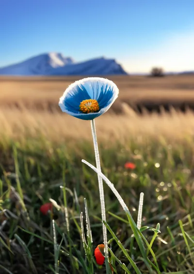 Single Blue Poppy Flower With Frost In Mountain Meadow