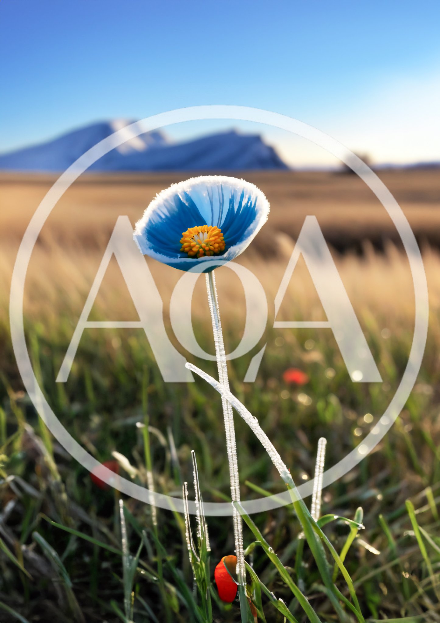 Single Blue Poppy Flower With Frost In Mountain Meadow