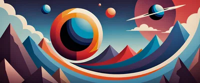 Abstract Surreal Landscape With Planets And Mountains