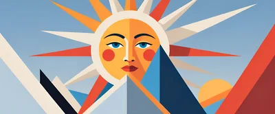 Stylized Sun Face Over Geometric Mountain Landscape