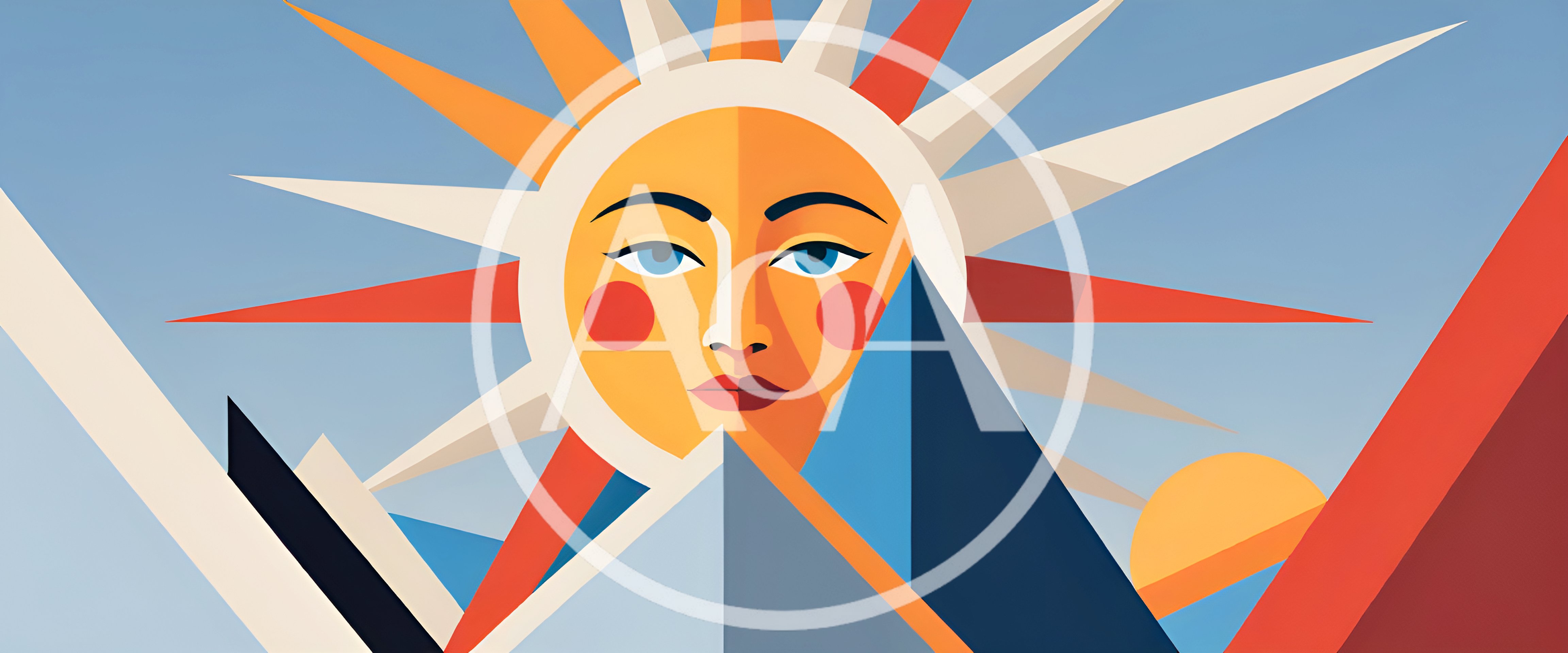 Stylized Sun Face Over Geometric Mountain Landscape