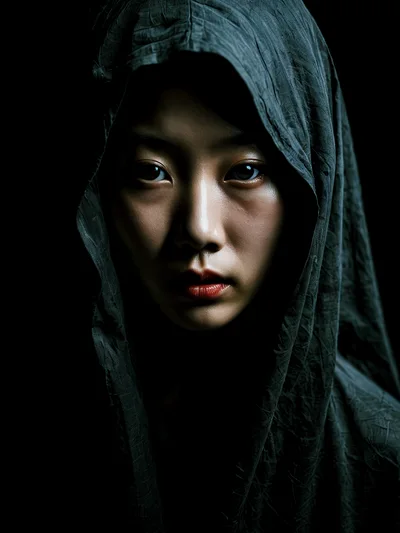 Portrait Of A Young Woman Wearing A Dark Hood