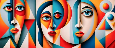 Abstract Cubist Portrait Painting Of Three Faces