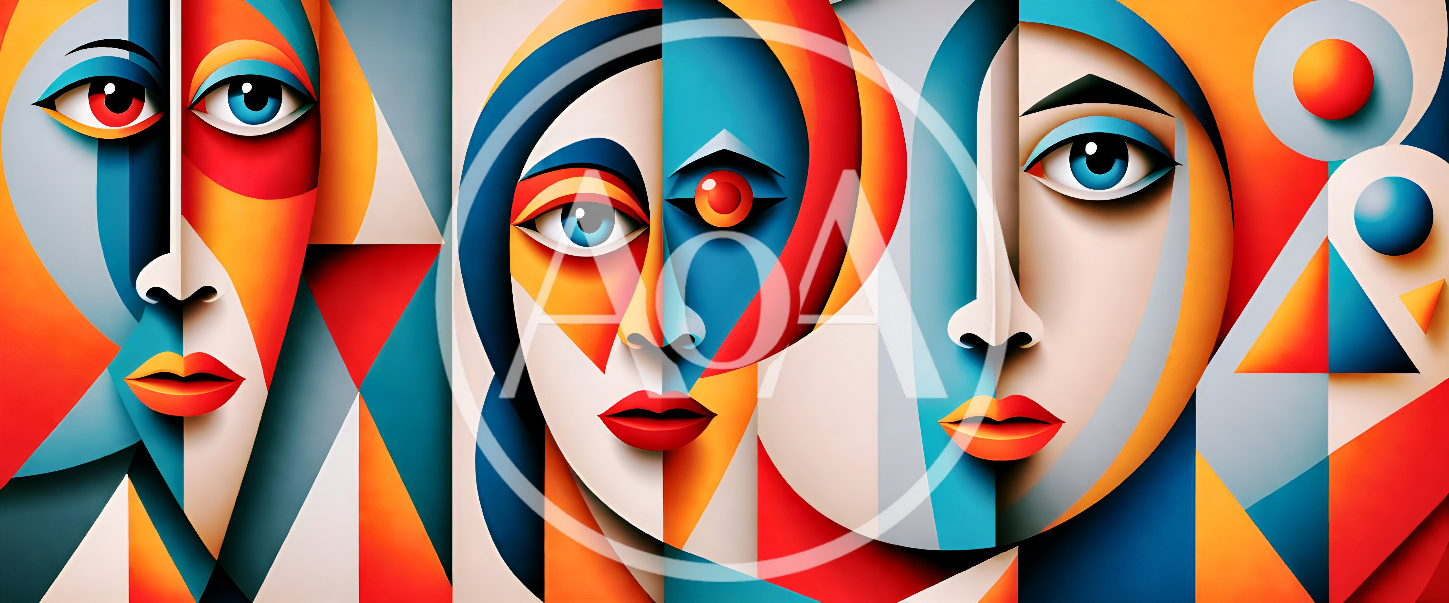 Abstract Cubist Portrait Painting Of Three Faces