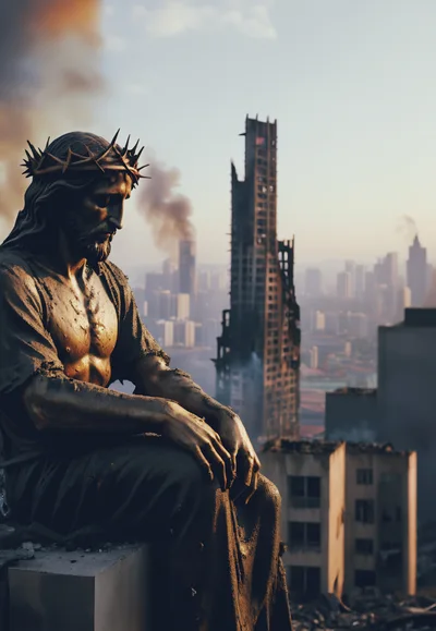 Statue Of Jesus Overlooking A War Torn City