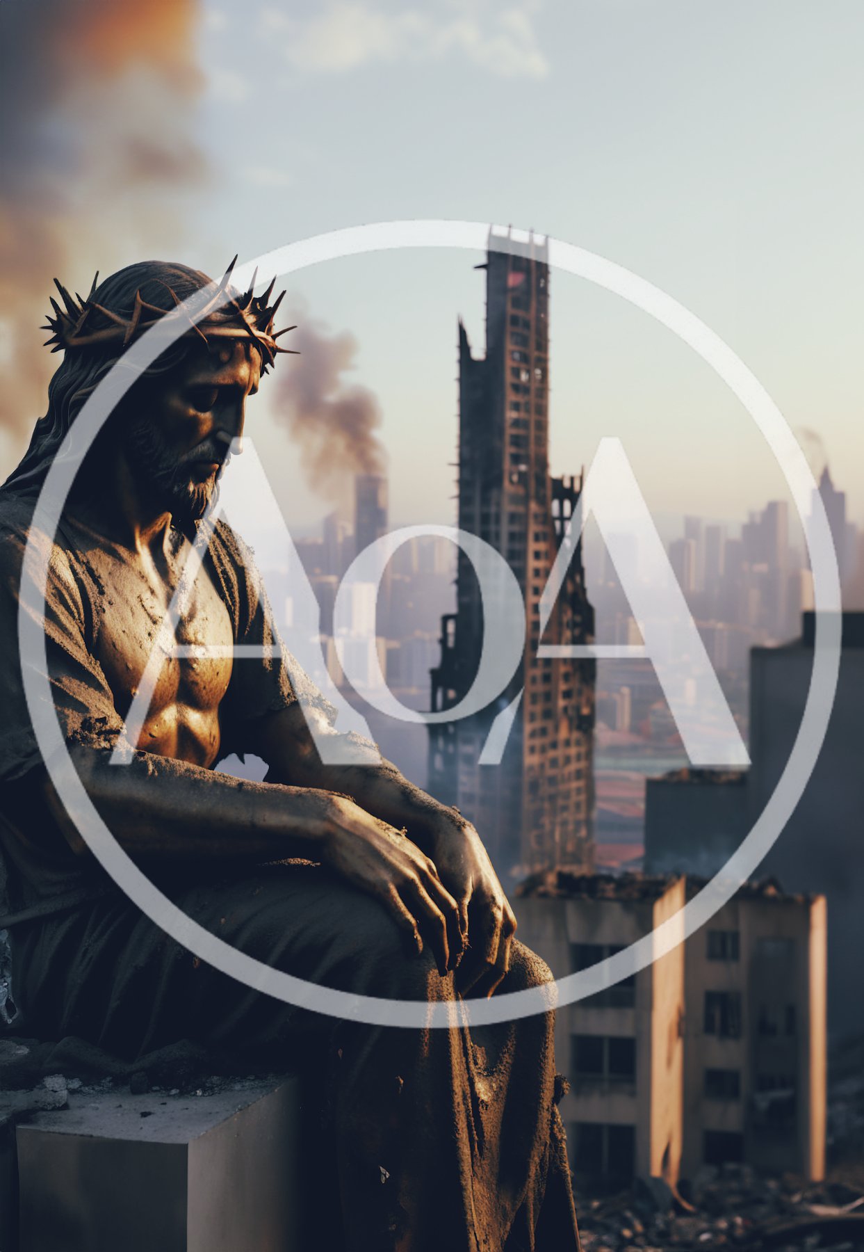 Statue Of Jesus Overlooking A War Torn City