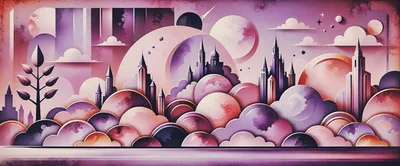 Whimsical Fantasy Cityscape With Floating Clouds And Planets
