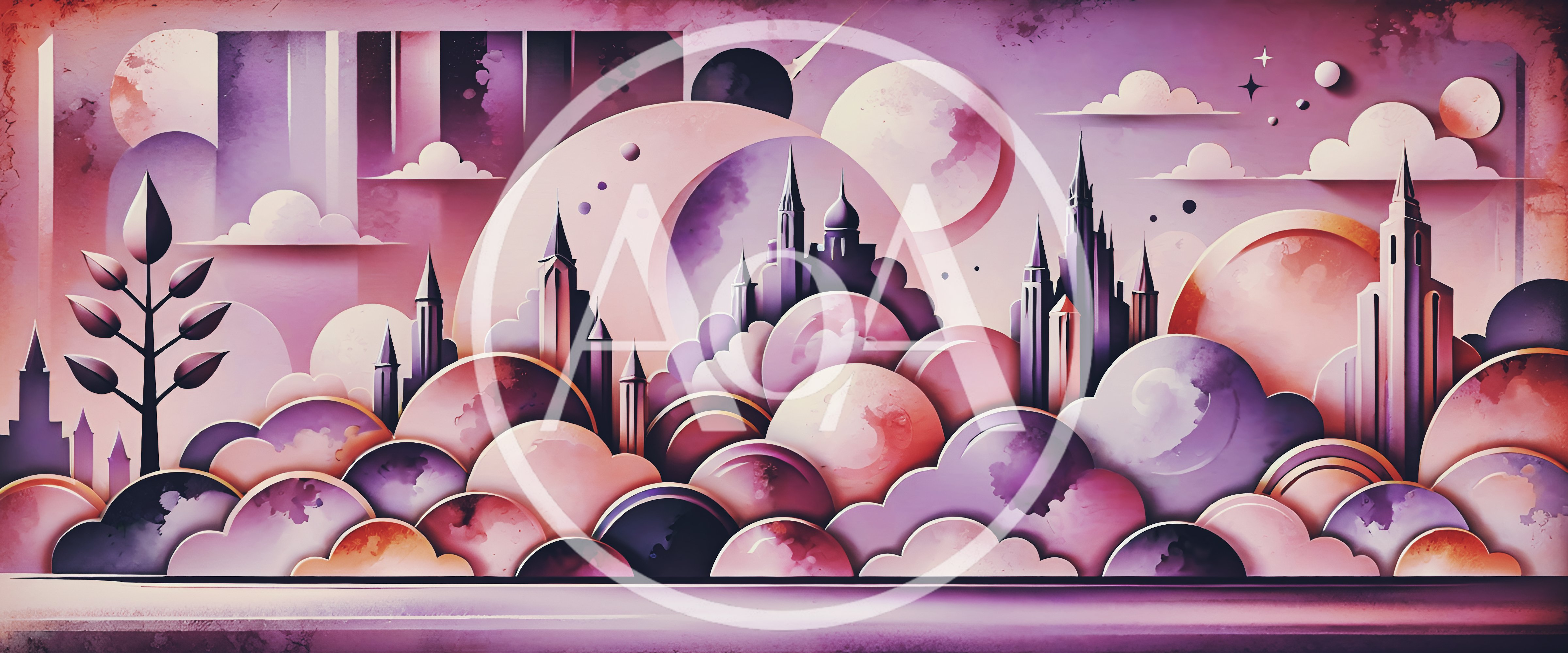 Whimsical Fantasy Cityscape With Floating Clouds And Planets