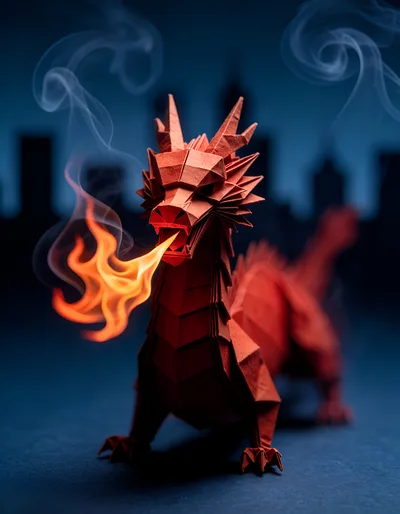 Red Origami Dragon Breathing Fire Against City Skyline