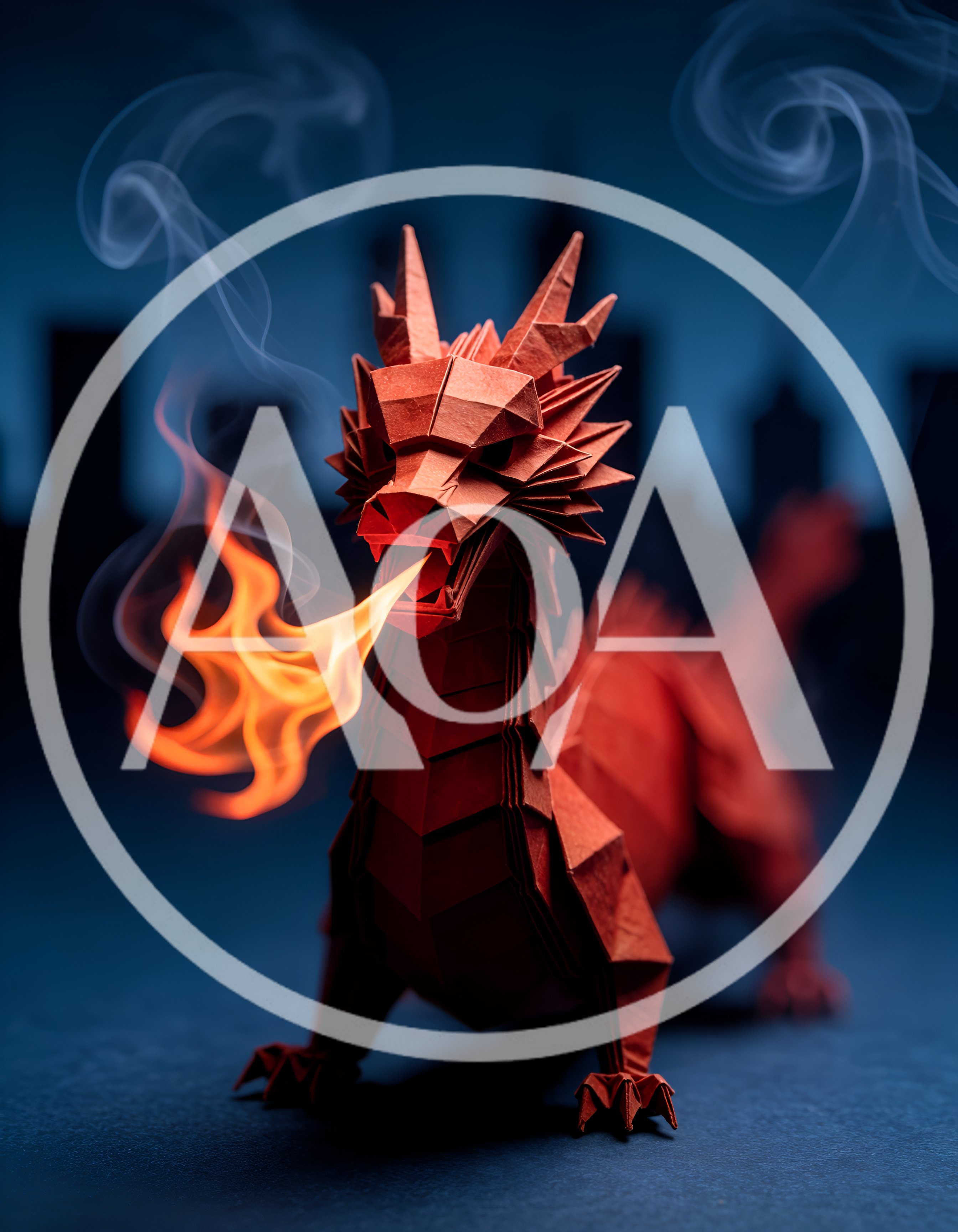 Red Origami Dragon Breathing Fire Against City Skyline