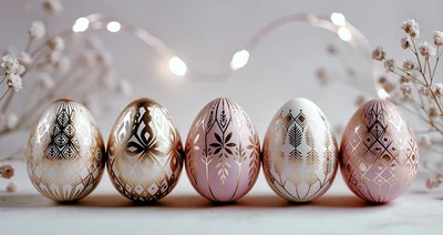 Five Decorative Easter Eggs With Gold Patterns
