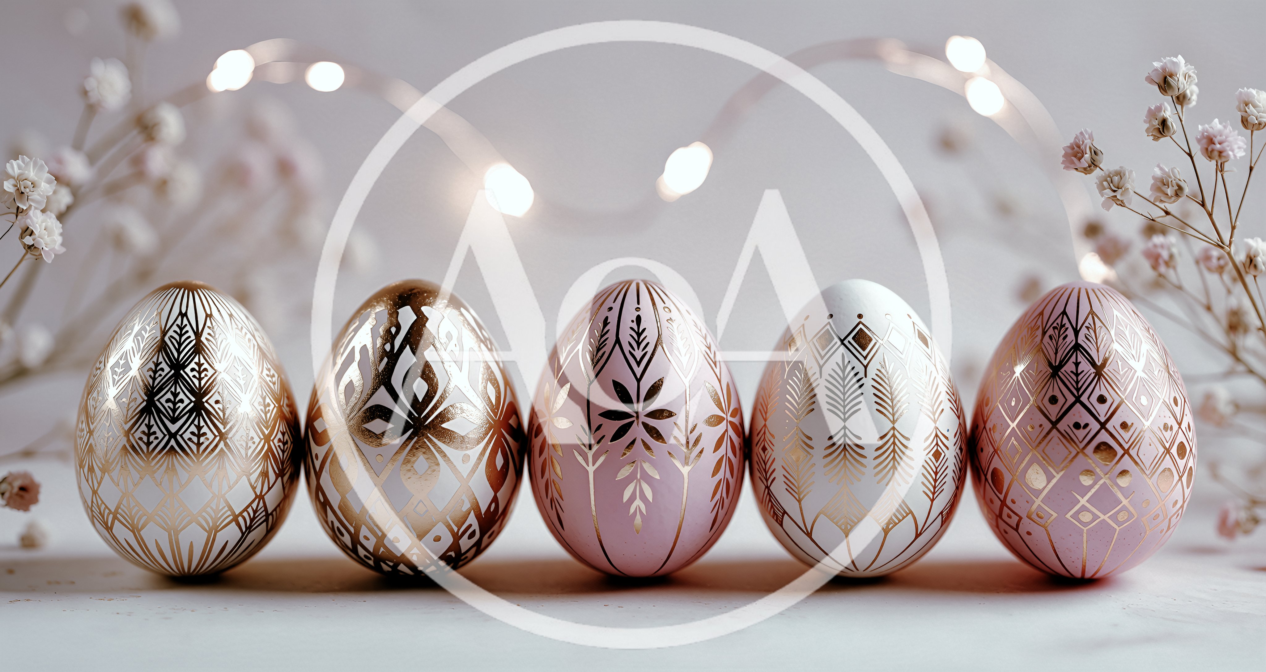 Five Decorative Easter Eggs With Gold Patterns