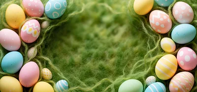 Easter Eggs Arranged In A Circle On Green Grass