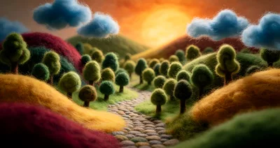 Whimsical Felted Landscape With Winding Stone Path