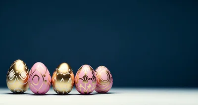 Five Decorative Easter Eggs On A Dark Background