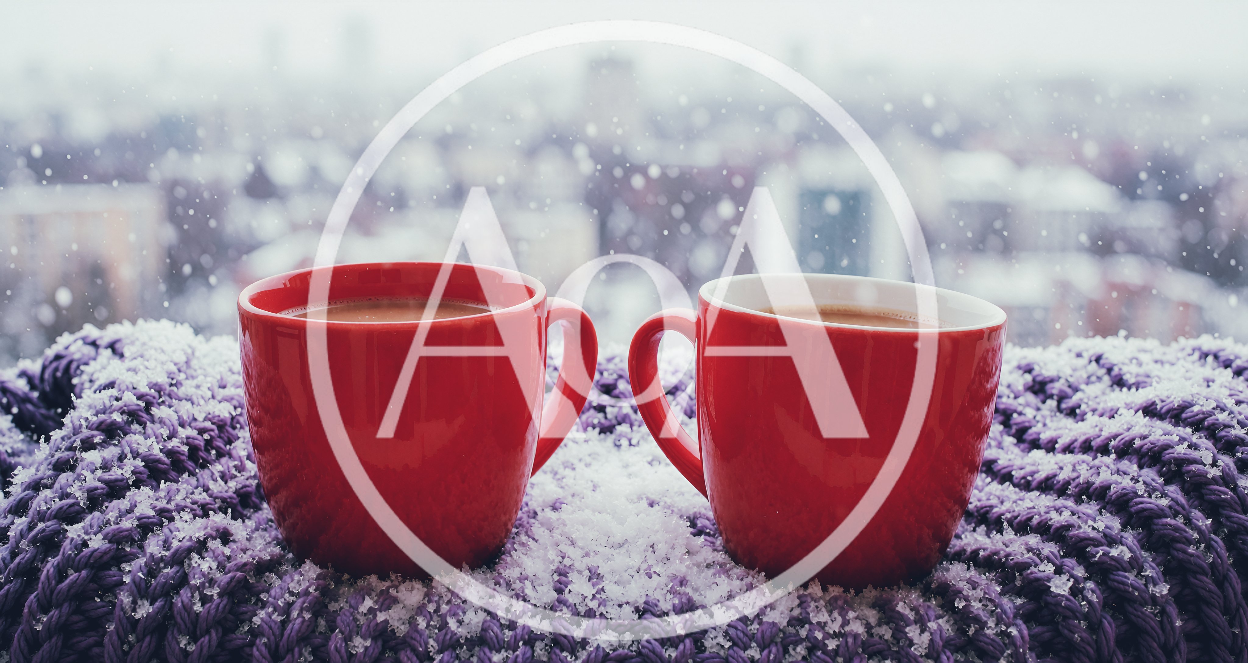 Two Red Coffee Mugs On A Snowy Purple Scarf