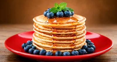 Stack of Pancakes with Blueberries and Syrup