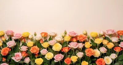Colorful Rose Bouquet Border on Beige Background