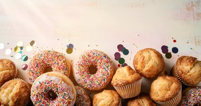 Assorted Donuts and Muffins on Pastel Background