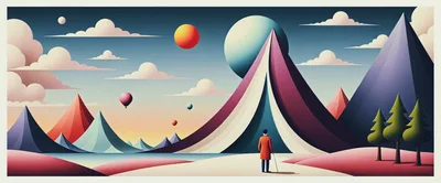 Surreal Landscape With Person And Geometric Mountains