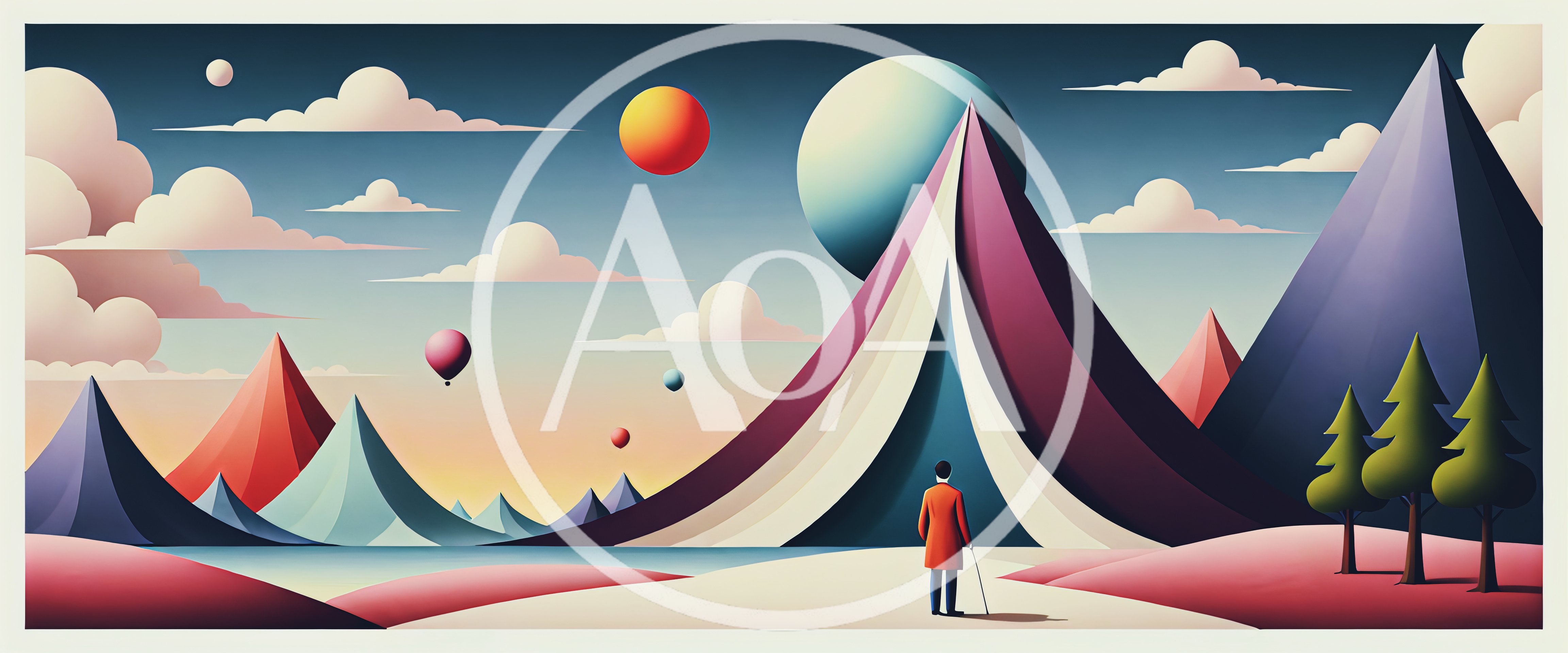 Surreal Landscape With Person And Geometric Mountains