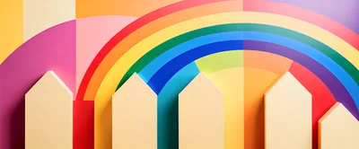 Abstract 3D Rendered House Shapes With Rainbow Background