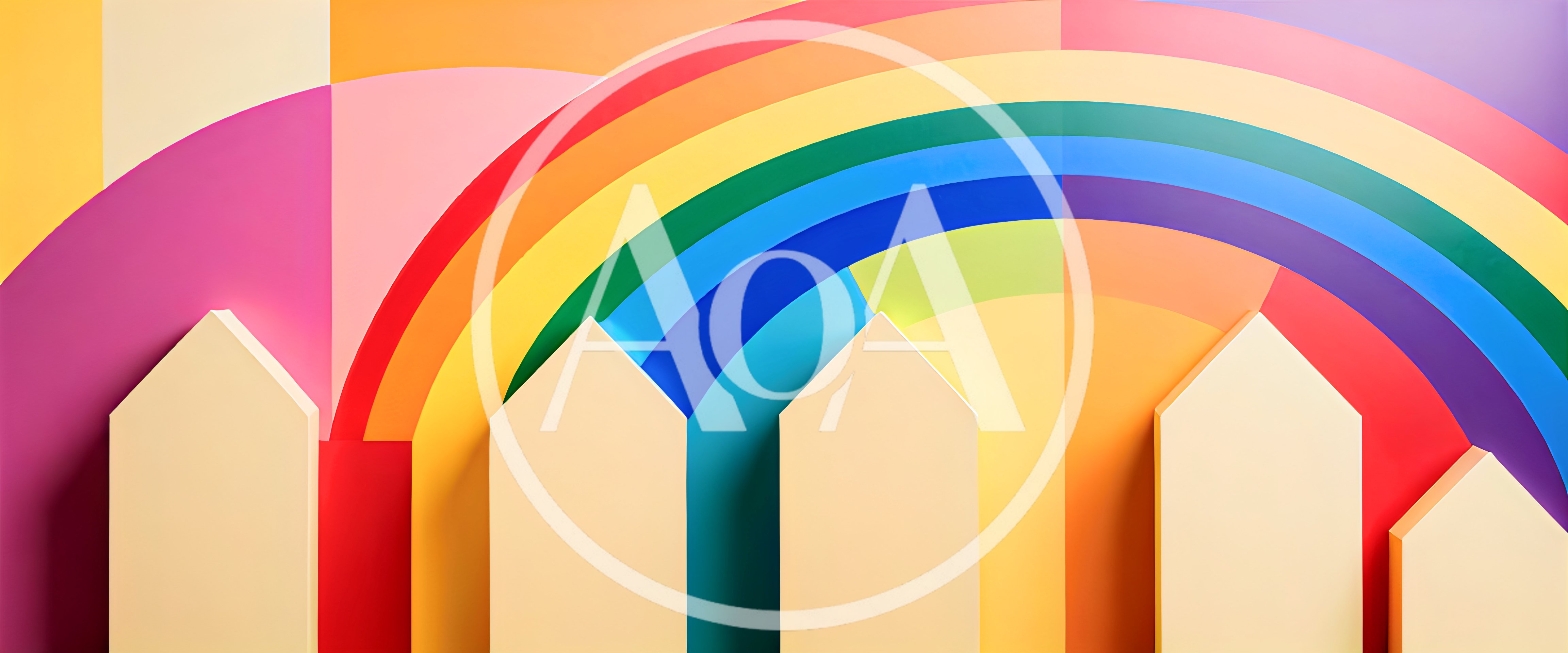 Abstract 3D Rendered House Shapes With Rainbow Background