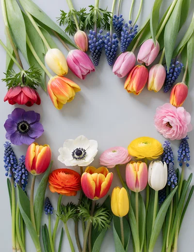 Spring Flower Arrangement Flat Lay on Grey Background