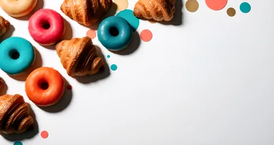 Assorted Glazed Donuts and Fresh Croissants on White Background