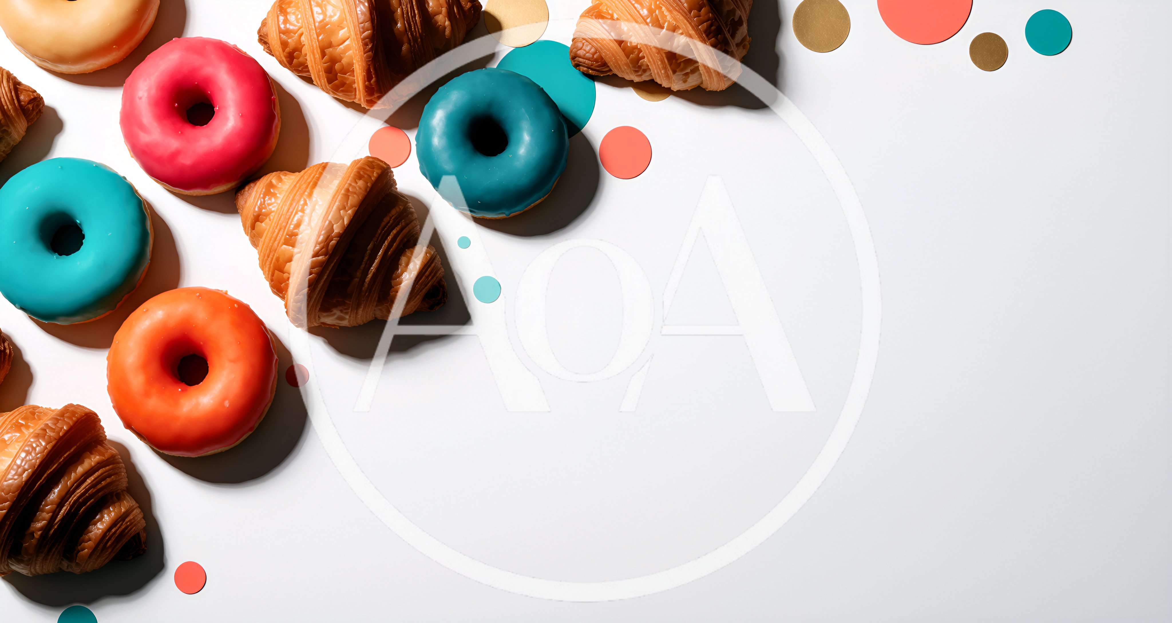 Assorted Glazed Donuts and Fresh Croissants on White Background