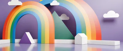 3D Rendered Rainbow Arch Display With Geometric Shapes