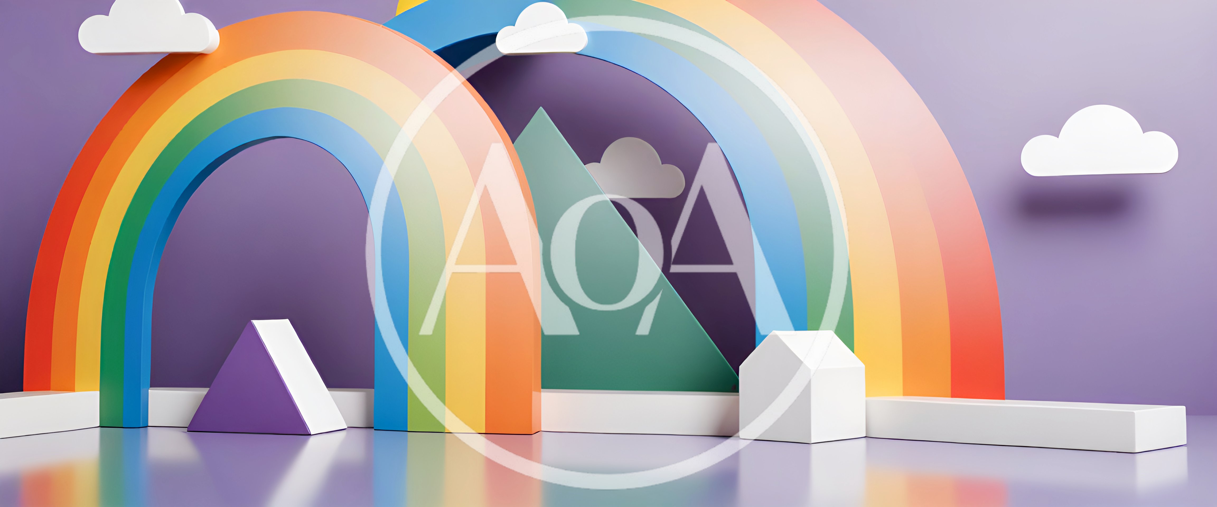 3D Rendered Rainbow Arch Display With Geometric Shapes
