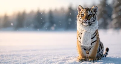 Cute Tiger Cub Wearing A White Knitted Scarf