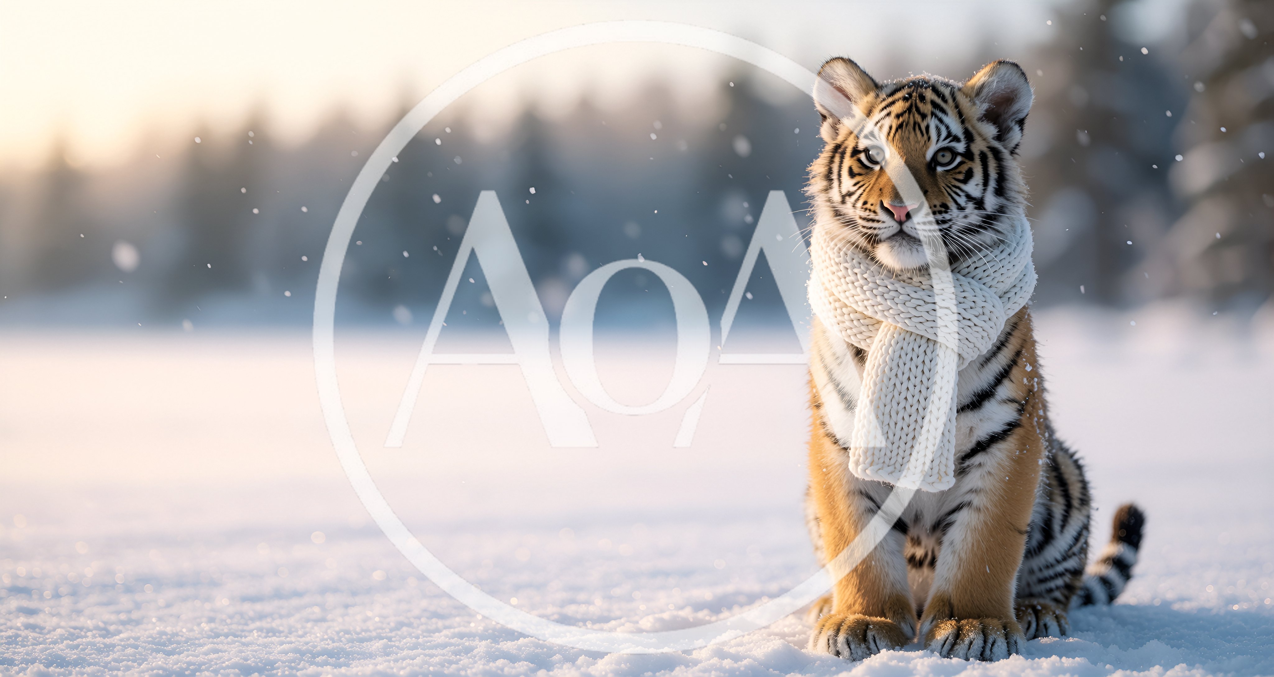 Cute Tiger Cub Wearing A White Knitted Scarf