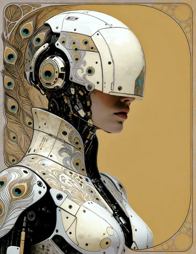Art Nouveau Style Cyborg Portrait With Peacock Feather Motifs