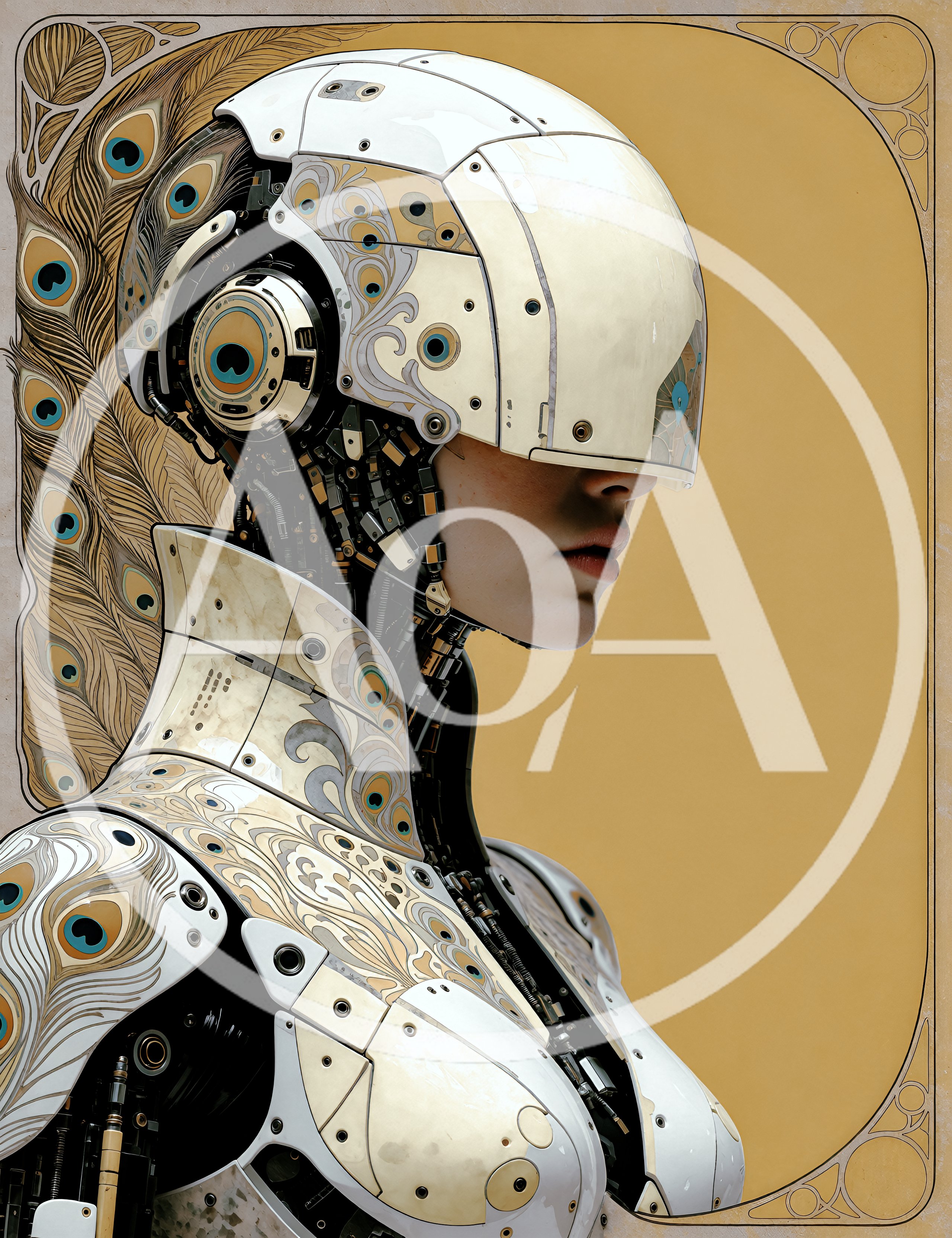 Art Nouveau Style Cyborg Portrait With Peacock Feather Motifs