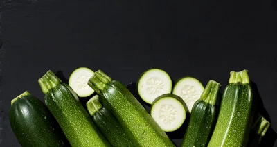 Fresh Green Zucchini Squash on Black Slate Background