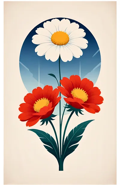 Stylized Illustration Of Daisy And Red Flowers