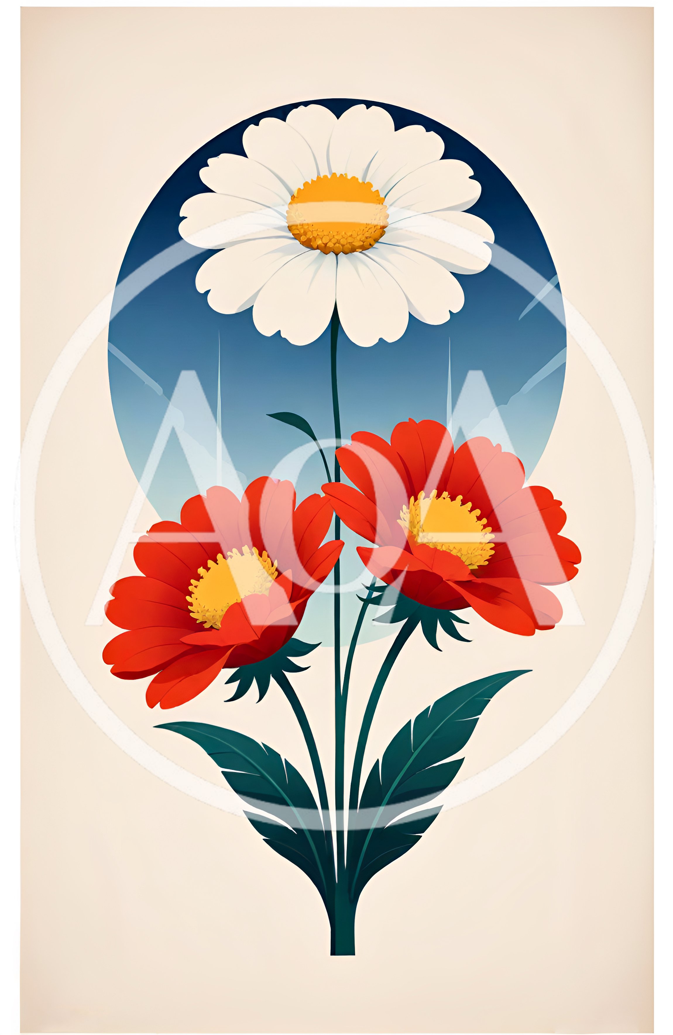 Stylized Illustration Of Daisy And Red Flowers