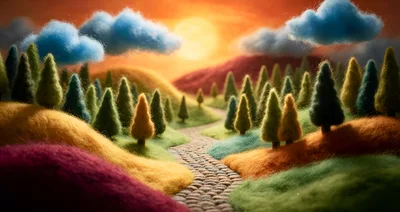 Whimsical Felted Landscape With Cobblestone Path At Sunset